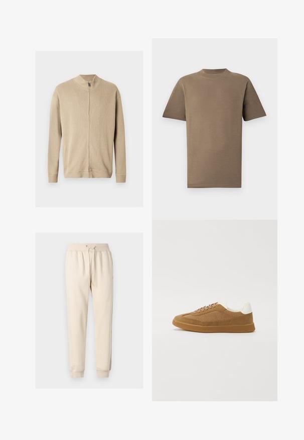 Pull beige zippé avec un col montant, une texture côtelée et des manches longues. Des lignes épurées et des détails de coutures subtiles rehaussent son design.; T-shirt en coton marron à manches courtes, col rond et coupe droite. Texture lisse, coutures minimales et pas de logos visibles.; Pantalon de jogging beige avec une taille élastique, un cordon de serrage, des poches latérales et des poignets côtelés.; Baskets avec une tige en mesh et en suède marron, accent blanc au talon, semelle plate en caoutchouc et lacets marron. Col rembourré pour le confort.