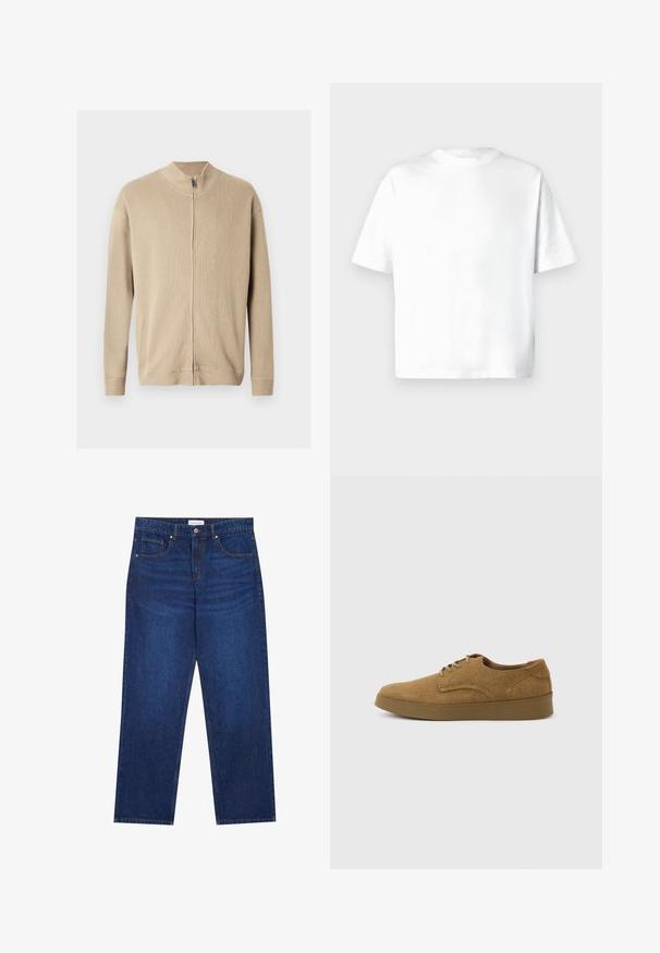 Pull beige zippé avec un col montant, une texture côtelée et des manches longues. Des lignes épurées et des détails de coutures subtiles rehaussent son design.; T-shirt blanc à manches courtes en coton doux, doté d'un col rond et d'une coupe décontractée sans motifs ni graphiques. Texture lisse.; Jean en denim bleu foncé avec une coupe droite, équipé d'une fermeture boutonnée et à zip, de cinq poches et de détails de couture visibles.; Chaussure décontractée à lacets en daim marron avec semelle en caoutchouc plate, vue de côté sur un fond clair uni.