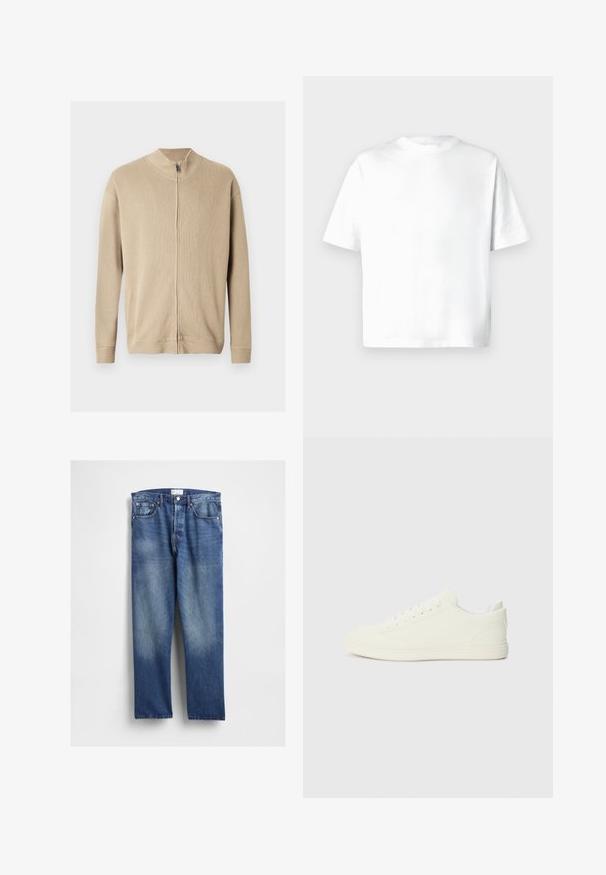 Suéter beige con cremallera, cuello alto, textura acanalada y mangas largas. Líneas limpias y detalles de costura sutiles realzan su diseño.; Camiseta blanca de manga corta hecha de algodón suave, con cuello redondo y un ajuste relajado, sin estampados ni gráficos. Textura suave.; Vaqueros de mezclilla azul con diseño de pierna recta, presentan desgaste en la parte frontal, estilo clásico de cinco bolsillos y remaches metálicos en los bolsillos.; Zapatillas blancas con parte superior de textura suave, punta redonda y cordones tradicionales, con un diseño minimalista y suela de goma.