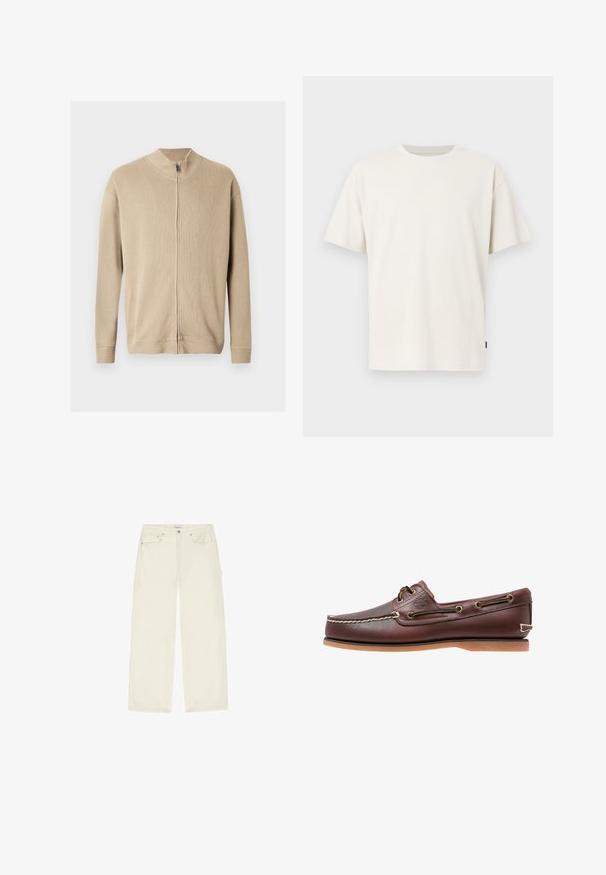 Pull beige zippé avec un col montant, une texture côtelée et des manches longues. Des lignes épurées et des détails de coutures subtiles rehaussent son design.; T-shirt blanc uni à col rond et manches courtes, coupe régulière, présenté sur un fond gris clair.; Pantalon droit couleur crème avec poches avant et côtés, fermeture par bouton et passants de ceinture, posé à plat sur un fond blanc.; Chaussure bateau en cuir marron avec coutures blanches, détails de lacets et semelle en caoutchouc beige, vue de côté sur fond blanc.