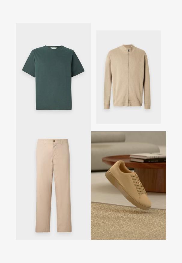 Suéter beige con cremallera, cuello alto, textura acanalada y mangas largas. Líneas limpias y detalles de costura sutiles realzan su diseño.; Camiseta de algodón verde oscuro con escote redondo, mangas cortas y un corte holgado; textura suave y sin patrones o acentos visibles.; Pantalones beige de pierna recta con trabillas para cinturón, cierre frontal de botones y bolsillos laterales.; Zapatilla beige con cordones flotando sobre una alfombra texturizada con una mesa de café de madera y libros apilados en un fondo desenfocado.