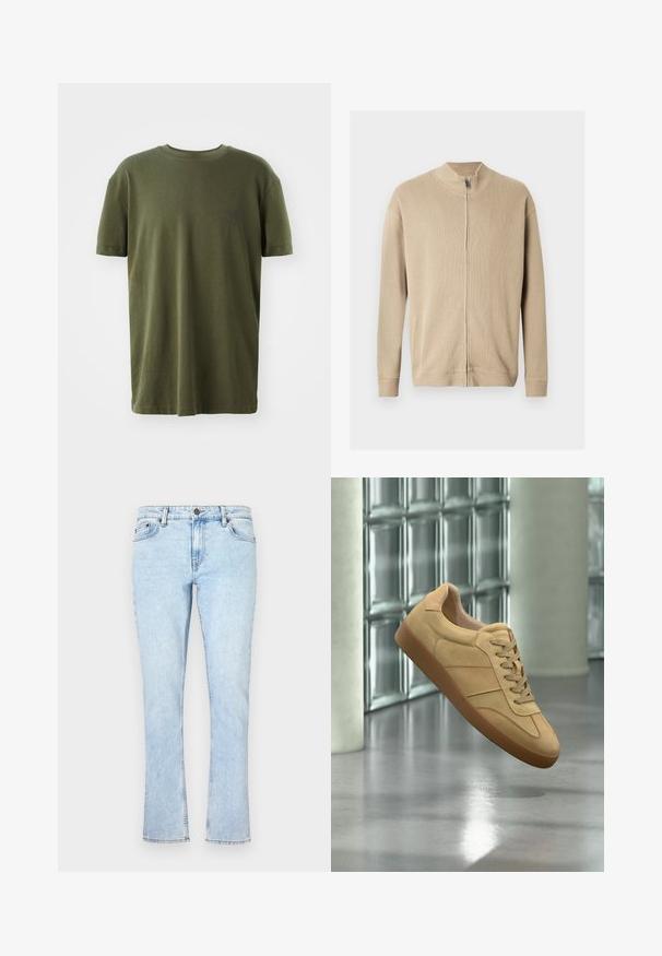 Suéter beige con cremallera, cuello alto, textura acanalada y mangas largas. Líneas limpias y detalles de costura sutiles realzan su diseño.; Camiseta de color verde oliva en algodón, con mangas cortas, cuello redondo y un pequeño logo impreso en azul oscuro en el lado izquierdo del pecho.; Jeans de mezclilla azul claro con corte recto, que presentan un cierre de botón, cinco bolsillos y un ligero desvanecimiento para aportar textura.; Zapatilla beige de ante con suela de goma, diseño con cordones, flotando en interiores sobre suelo de hormigón pulido cerca de pared de bloques de vidrio.