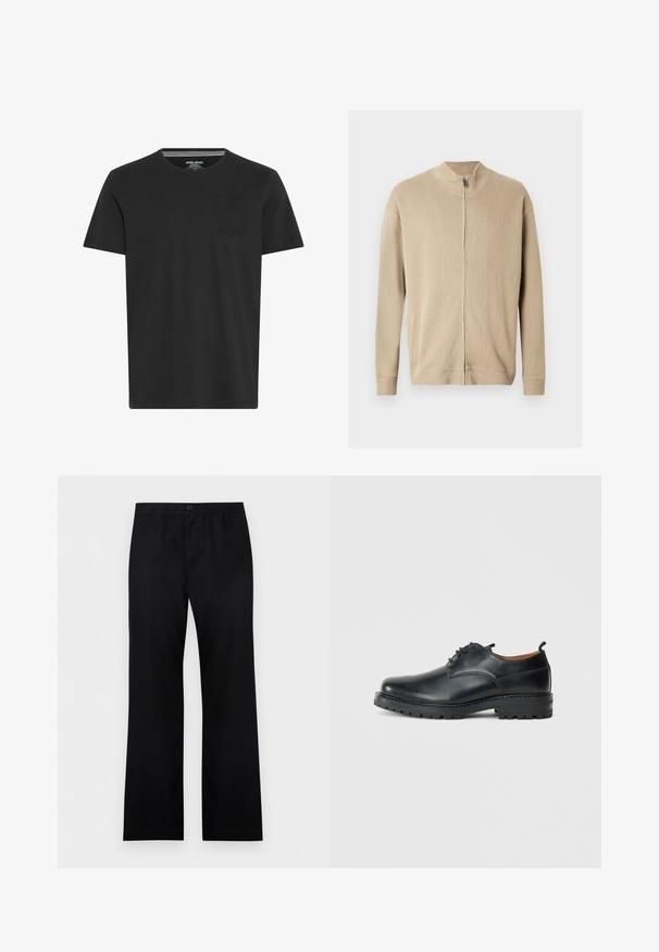 Beige lynlås-sweater med høj krave, ribbet tekstur og lange ærmer. Rene linjer og subtile syningsdetaljer forbedrer designet.; Sort kortærmet T-shirt lavet af bomuld. Har en rund hals og en lille lomme på venstre bryst. Glat tekstur og simpelt design.; Sorte bukser med lige ben, elastisk talje, knaplukning og et enkelt, glat stofdesign.; Sorte læder derby-sko med en glat overflade, rund tå, snøre-design og en tyk, robust gummisål.