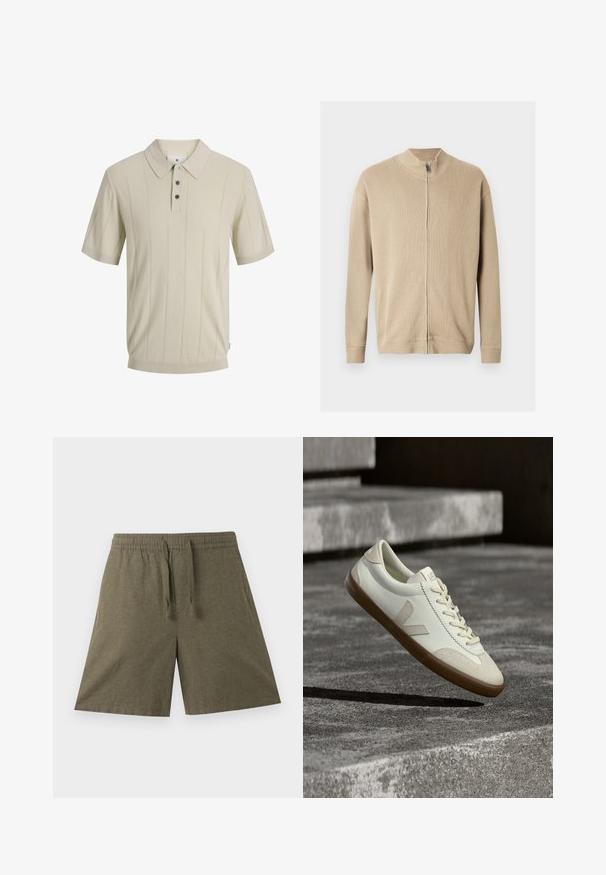 Pull beige zippé avec un col montant, une texture côtelée et des manches longues. Des lignes épurées et des détails de coutures subtiles rehaussent son design.; Polo beige à manches courtes avec de fines rayures verticales, trois boutons foncés et un col pointu.; Shorts décontractés vert olive avec ceinture élastique et cordon de serrage, longueur au genou, tissu uni, posés à plat sur un fond blanc.; Baskets en cuir blanc avec semelle en caoutchouc beige, lacets plats et accent en forme de V sur le côté. Présentent une surface lisse et peu de détails de couture.