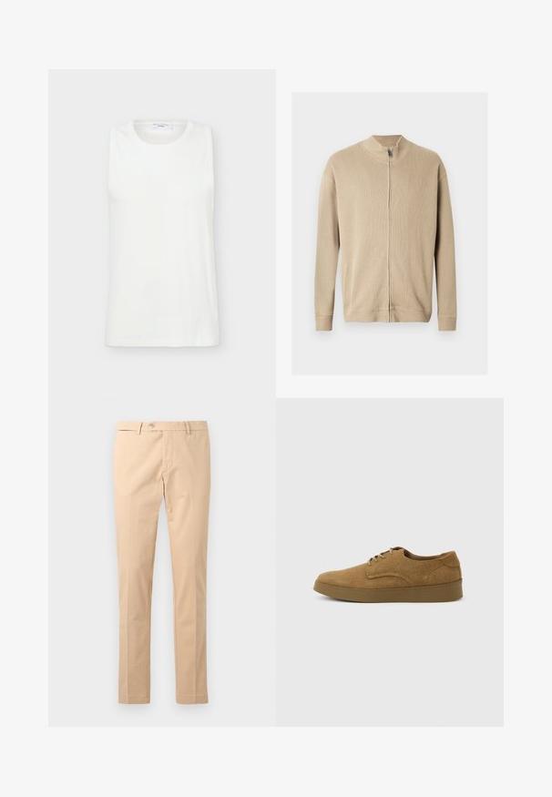 Pull beige zippé avec un col montant, une texture côtelée et des manches longues. Des lignes épurées et des détails de coutures subtiles rehaussent son design.; Haut blanc sans manches à col rond en tissu lisse, présenté à plat sur un fond clair.; Pantalon beige pour homme, coupe slim, avec fermeture à bouton et zip, passants pour ceinture et poches avant, présenté sur un fond blanc uni.; Chaussure décontractée à lacets en daim marron avec semelle en caoutchouc plate, vue de côté sur un fond clair uni.