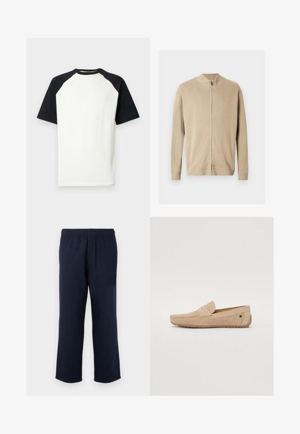 Pull beige zippé avec un col montant, une texture côtelée et des manches longues. Des lignes épurées et des détails de coutures subtiles rehaussent son design.; T-shirt raglan à manches courtes avec corps blanc et manches et col noirs, présenté sur fond blanc.; Pantalon bleu marine à jambe droite avec taille élastique et détail élastique à l'avant, présenté sur un fond blanc uni.; Jack & Jones JFWJENSEN - Mocassins - moonbeam