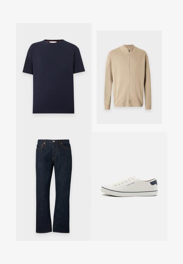Pull beige zippé avec un col montant, une texture côtelée et des manches longues. Des lignes épurées et des détails de coutures subtiles rehaussent son design.; T-shirt bleu marine à manches courtes avec col rond et texture côtelée horizontale subtile, présenté sur fond blanc uni.; Jean droit en denim bleu foncé avec poches avant, rivets en cuivre et fermeture par bouton.; Baskets en toile de couleur blanc cassé avec des accents bleu marine, dotées d'un bout rond, d'un système de laçage et d'une semelle en caoutchouc texturé. Esthétique simple et épurée.