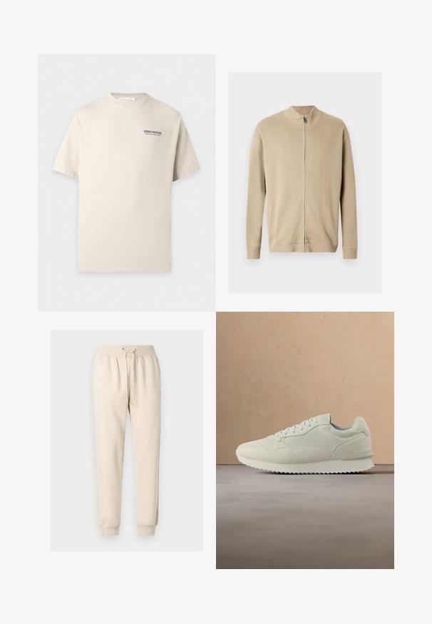 Pull beige zippé avec un col montant, une texture côtelée et des manches longues. Des lignes épurées et des détails de coutures subtiles rehaussent son design.; T-shirt beige à manches courtes avec col rond et petit texte noir "URBAN HERITAGE WHERE FOOTSTEPS MEET HISTORY" sur la poitrine gauche.; Pantalon de jogging beige avec une taille élastique, un cordon de serrage, des poches latérales et des poignets côtelés.; Baskets de couleur crème avec un design à lacets, une semelle épaisse et une semelle extérieure texturée, flottant au-dessus d'un tapis beige et d'un canapé en arrière-plan.