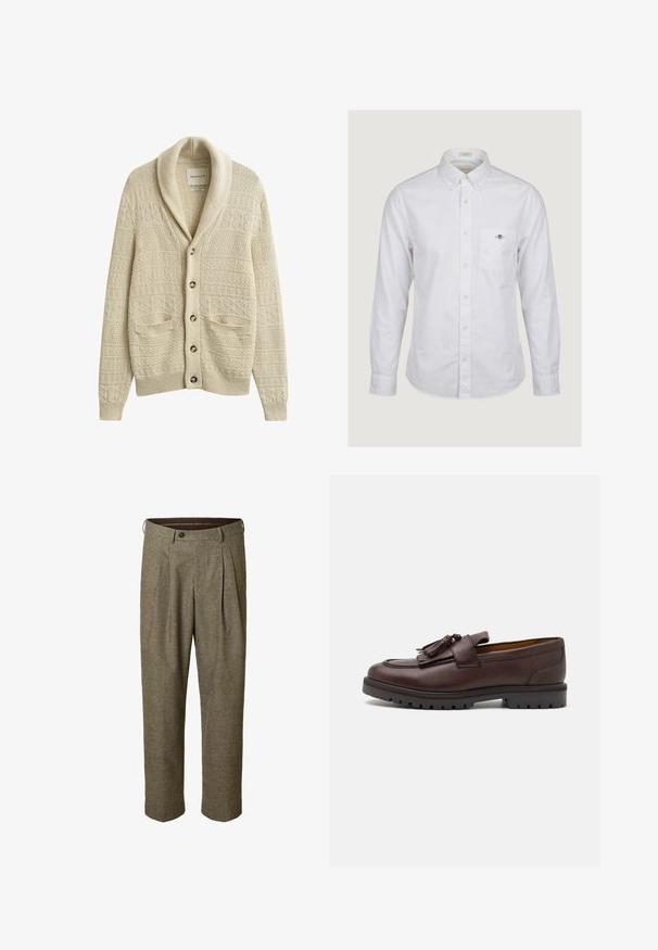 Cardigan en tricot de couleur crème avec col châle, fermeture à boutons, motif texturé et deux poches avant.; Chemise blanche à manches longues avec boutons et une poche poitrine à l'avant ornée d'un petit logo brodé.; Pantalon marron à motif à carreaux avec un devant plissé, des poches latérales, une taille avec passants pour ceinture et une fermeture par bouton.; Zign by Zalando Mocassins de ville - brown