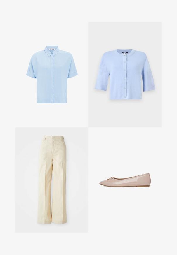 Hellblauer Kurzarm-Cardigan mit rundem Ausschnitt und durchgehender Knopfleiste auf einfarbigem Hintergrund.; Helles blaues kurzärmliges Hemd aus weichem Stoff, mit einer Knopfleiste und einem klassischen Kragen. Sanfte Textur und lockere Passform.; Beige weit geschnittene Hose mit hoher Taille, aus glattem Stoff und ordentlich gebügelten Vorderfalten, vor einem schlichten weißen Hintergrund.; Jenny FLATS BALLERINAS - Klassischer Ballerina - beige