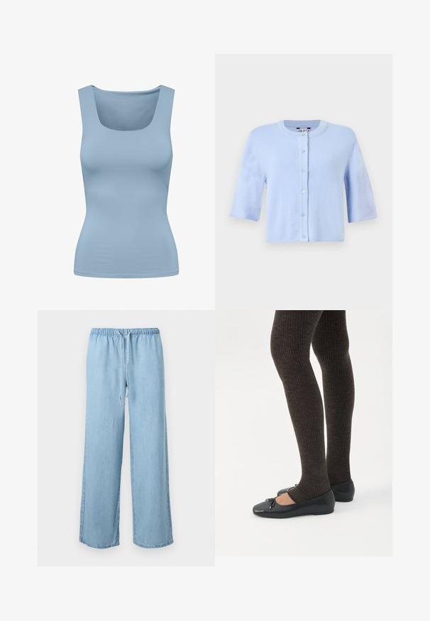Cardigan bleu clair à manches courtes avec col rond et fermeture à boutons sur un fond uni.; Débardeur bleu clair avec un décolleté carré, fabriqué à partir d'un tissu lisse et extensible. Il présente des bretelles larges et une silhouette ajustée.; Pantalon en denim bleu clair à jambes larges avec taille élastique et détail de cordon de serrage à l'avant, sur fond blanc.; Jambes portant des leggings côtelés foncés associés à des ballerines noires avec de petits détails en nœud sur fond blanc.