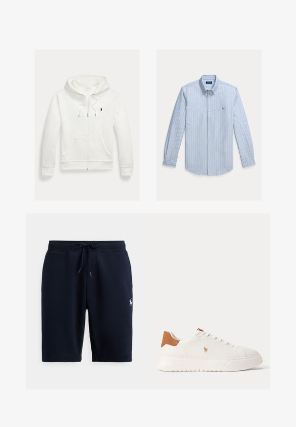 Sweat à capuche blanc zippé avec poches avant et petit logo noir Polo Ralph Lauren sur le côté gauche de la poitrine.; Chemise bleu clair à manches longues avec rayures verticales blanches et petit logo Polo Ralph Lauren brodé sur la poitrine.; Shorts de sport en coton bleu marine avec taille élastique, cordon de serrage et logo sur le côté gauche. Texture lisse, longueur au genou.; Baskets basses blanches avec languette de talon beige, lacets blancs et petit logo brodé d'un joueur de polo sur le côté au-dessus d'une semelle épaisse.