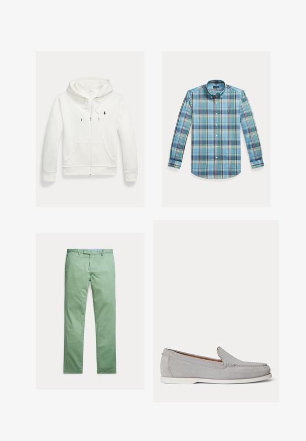 Valge lukuga kapuutsiga dressipluus esistaskute ja vasakul rinnal oleva väikese musta Polo Ralph Laureni logoga.; Siniste ja roheliste ruudumustriga nööbitav särk, millel on pikad varrukad, krae ja väike logo rinnal. Puuvillasegu kangas.; Heledad rohelised puuvillased püksid sirge jala disainiga, tasase eesosaga ja peene tekstuuriga. Sisaldavad vööaasad ja nööpidega kinnitust.; Helehall sametist kergesti jalga tõmmatav king, valge tallaga, nähtava õmblusega ja madala kontsaga, näidatud profiililt valgel taustal.