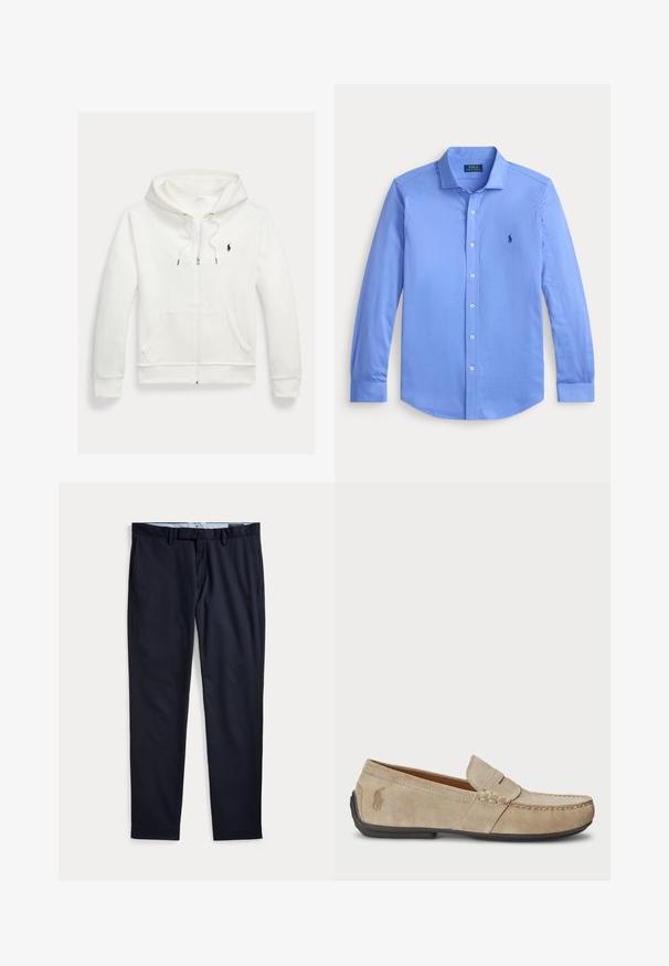 Witte capuchontrui met rits, frontzakken en een klein zwart Polo Ralph Lauren-logo op de linkerborst.; Lichtblauwe, langmouwige overhemd met knopen en kraag, witte knopen en een klein donkerblauw geborduurd logo op de linkerborst.; Donkerblauwe herenkleedbroek met ceintuurlussen, ritssluiting en zijzakken, plat gelegd op een witte achtergrond.; Beige suède instappers met een gestikt detail, platte rubberen zool en een klein logo aan de zijkant. Klassiek instapontwerp, zachte textuur.