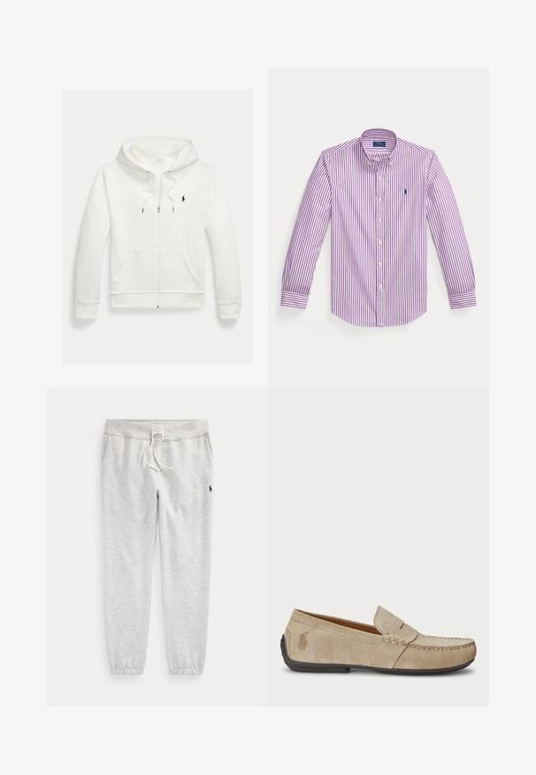 Hvid zip-up hættetrøje med forlommer og lille sort Polo Ralph Lauren logo på venstre bryst.; Langærmet skjorte med knapper, med lilla og hvide lodrette striber og et lille broderet logo på brystet.; Lysegrå joggingbukser med elastiske manchetter, snøre i taljen, sidelommer og lille mørkt logo på øverste venstre lår.; Beige ruskindsloafers med syninger, flad gummisål og et lille logo på siden. Klassisk slip-on design, blød tekstur.