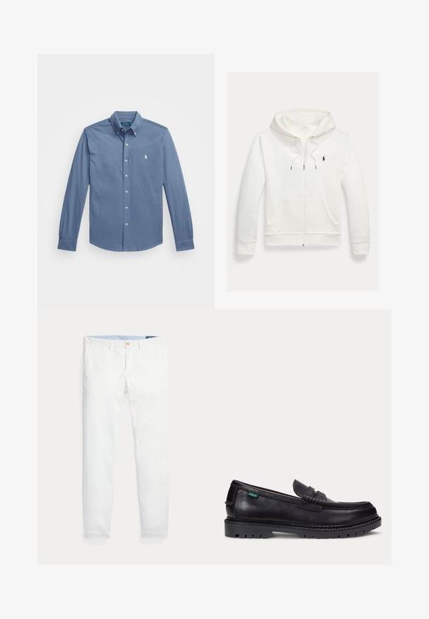 Weißes Kapuzen-Sweatshirt mit Reißverschluss, Fronttaschen und kleinem schwarzem Polo Ralph Lauren Logo auf der linken Brust.; Knopfhemd in Hellblau, aus Baumwolle, mit langen Ärmeln und Knopfmanschetten, klassischem Kragen und gesticktem Logo auf der Brust.; Weiße Baumwoll-Chinos mit schmaler Passform, ausgestattet mit einem einzigen goldfarbenen Knopfverschluss und einem hellblauen inneren Bund. Glatte Textur ohne Muster.; Schwarzer Lederloafer mit dicker Profilsohle und kleinem grünen "Polo"-Etikett an der Außenseite nahe der Ferse.