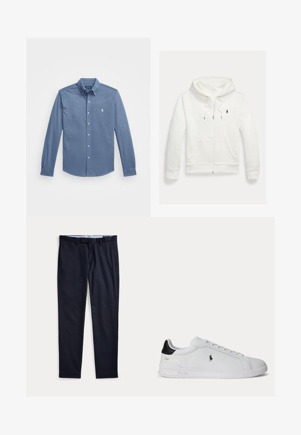 Hvid zip-up hættetrøje med forlommer og lille sort Polo Ralph Lauren logo på venstre bryst.; Knap-up skjorte i lys blå, lavet af bomuldsstof, lange ærmer med knapmanchetter, klassisk krave og broderet logo på brystet.; Marineblå herre habitbukser med bæltestropper, lynlås og sidelommer, lagt fladt på en hvid baggrund.; Hvid lavtop sneaker med sort hælfane, snørebånd og Polo Ralph Lauren-logo på siden, med præget såldetaljer.