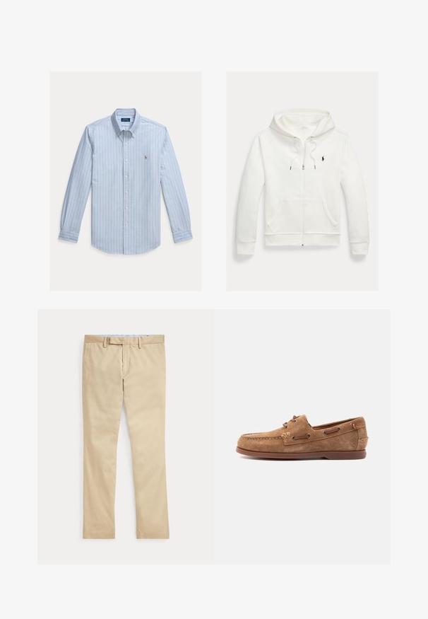 Hvid zip-up hættetrøje med forlommer og lille sort Polo Ralph Lauren logo på venstre bryst.; Lyseblå langærmet skjorte med hvide lodrette striber og et lille broderet Polo Ralph Lauren-logo på brystet.; Beige bukser med lige ben, bæltestropper og frontlynlås, lagt fladt mod en hvid baggrund.; Brun mokkasinsko i ruskind med læresnøredetaljer, syet tå og flad gummisål, vist fra siden på en lys baggrund.