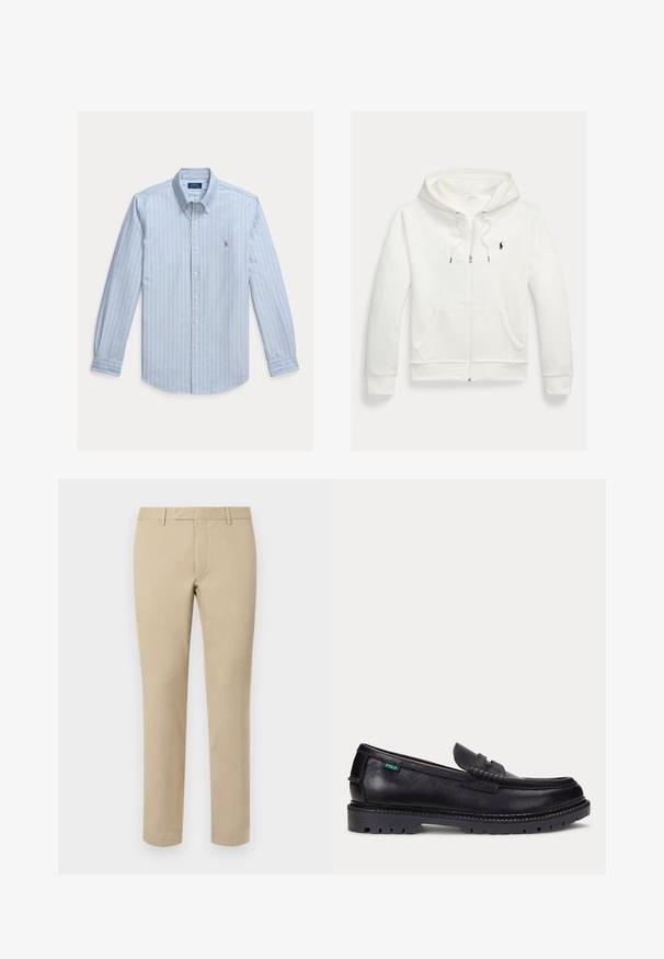 Hvid zip-up hættetrøje med forlommer og lille sort Polo Ralph Lauren logo på venstre bryst.; Lyseblå langærmet skjorte med hvide lodrette striber og et lille broderet Polo Ralph Lauren-logo på brystet.; Beige bomuldsbukser med lige pasform, der har bæltesløjfer, glat front og skræddersyede søm. Glat tekstur og minimal detaljer.; Sort læderloafer med tyk, mønstret sål og lille grøn "Polo"-mærke på ydersiden nær hælen.