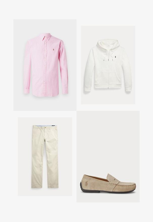 Biela mikina na zips s kapucňou, s prednými vreckami a malým čiernym logom Polo Ralph Lauren na ľavej strane hrudníka.; Ružová a biela prúžkovaná košeľa s dlhým rukávom a zapínaním na gombíky, s malým logom na ľavej hrudi. Vyrobená z ľahkého materiálu.; Béžové bavlnené nohavice s rovnými nohavicami, opaskové pútká, predné zapínanie na gombík, zips a bočné vrecká.; Béžové semišové mokasíny s prešívaním, plochou gumenou podrážkou a malým logom na strane. Klasický dizajn na obúvanie, mäkká textúra.