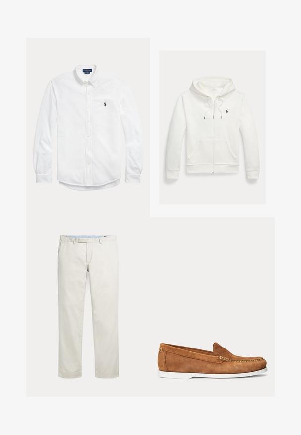 Witte capuchontrui met rits, frontzakken en een klein zwart Polo Ralph Lauren-logo op de linkerborst.; Wit overhemd met lange mouwen, knopen, button-down kraag en klein donker Polo Ralph Lauren-logo op de linkerborst.; Rechte broeken in roomkleur met riemlussen en een verborgen voorsluiting op een effen achtergrond.; Bruine suède loafer met witte zool en beige stiksels langs de teen en bovenrand, zijaanzicht op een effen achtergrond.