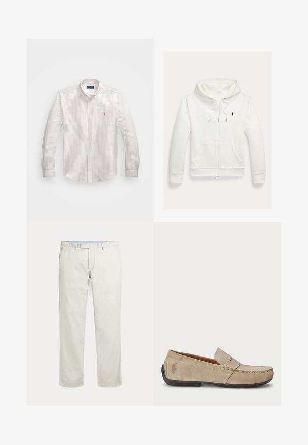 Biela mikina na zips s kapucňou, s prednými vreckami a malým čiernym logom Polo Ralph Lauren na ľavej strane hrudníka.; Biela košeľa na gombíky s tenkými vertikálnymi pruhmi v svetlej béžovej farbe. Má klasický golier, dlhé rukávy a malé vyšívané logo na hrudi.; Krémové nohavice s rovnými nohavicami, s pútkami na opasok a skrytým predným zapínaním na jednoduchom pozadí.; Béžové semišové mokasíny s prešívaním, plochou gumenou podrážkou a malým logom na strane. Klasický dizajn na obúvanie, mäkká textúra.