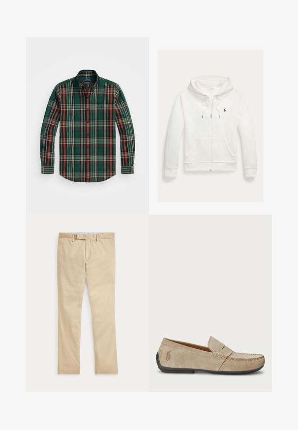 Valge lukuga kapuutsiga dressipluus esistaskute ja vasakul rinnal oleva väikese musta Polo Ralph Laureni logoga.; Roheline ruuduline nööbiga särk, millel on oranžid, tumesinised ja valged triibud. Omab klassikalist kaela ja pikki varrukaid, valmistatud pehmest puuvillast kangast.; Beeži sirgete säärega püksid vööaasade ja ees oleva tõmblukuga, laotatud tasaselt valgele taustale.; Bež sueded loafers, mille õmblustega detailide, lame kummitald ja väike logo küljel. Klassikaline libisev disain, pehme tekstuur.