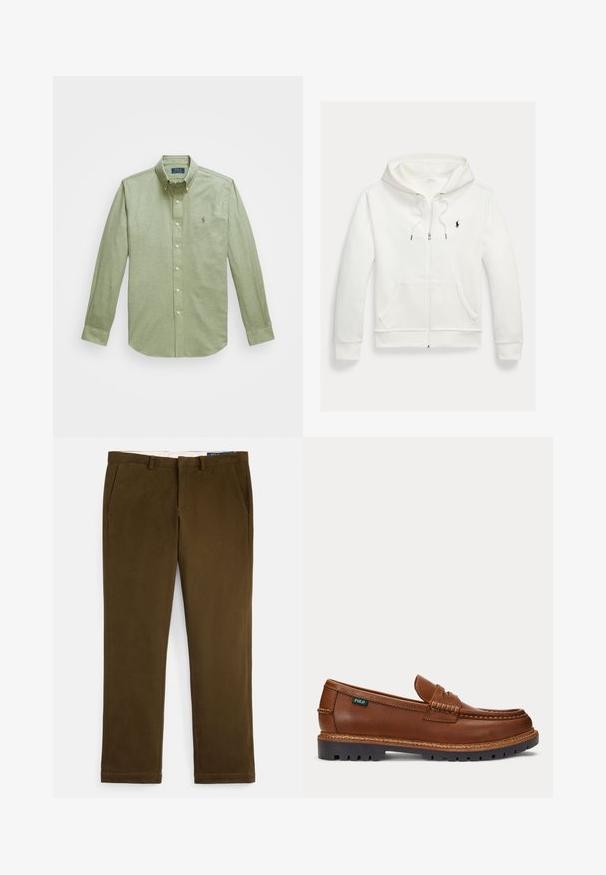 Valge lukuga kapuutsiga dressipluus esistaskute ja vasakul rinnal oleva väikese musta Polo Ralph Laureni logoga.; Hele roheline pika varrukaga nööpidega särk, millel on terav krae, rinnal väike tikitud logo ja pärline nööp.; Pruunid puuvillast chinos-püksid, millel on sile viimistlus, lame eesmine pool, küljetaskud ja sirged sääred. Hõlpsasti nähtav õmblusdetail äärejoonel.; Pruun nahast loafer õmmeldud detailidega, vastupidava musta tallaga ja väikese "Polo" sildiga küljel.