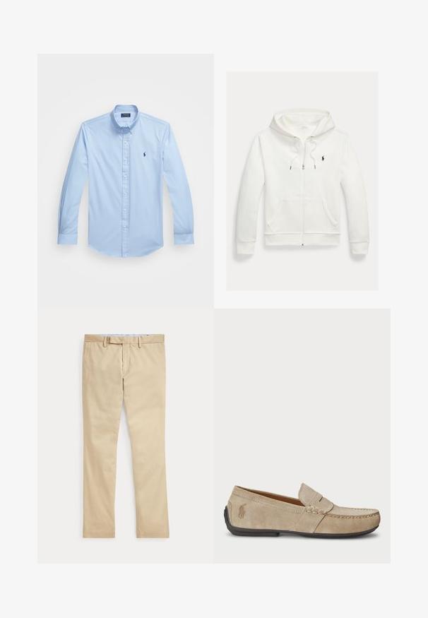 Valge lukuga kapuutsiga dressipluus esistaskute ja vasakul rinnal oleva väikese musta Polo Ralph Laureni logoga.; Hele sinine nööpidega särk, mis on valmistatud puuvillast, pikkade varrukatega, terava kraega ja vasakul rinna piirkonnas tikandiga logo. Tasane eesmine disain.; Beeži sirgete säärega püksid vööaasade ja ees oleva tõmblukuga, laotatud tasaselt valgele taustale.; Bež sueded loafers, mille õmblustega detailide, lame kummitald ja väike logo küljel. Klassikaline libisev disain, pehme tekstuur.