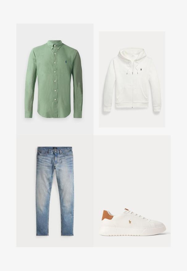 Valge lukuga kapuutsiga dressipluus esistaskute ja vasakul rinnal oleva väikese musta Polo Ralph Laureni logoga.; Roheline nööbitav särk, mis on valmistatud kergest kangast; omadused on punktkrae, pikad varrukad ja väike sinine logo vasakul rinnal.; Heledad sinine teksapüksid, tuhm finish, viie tasku disain ja kontrastne õmblus. Omab tõmblukku ja vööauke. Sirge lõige.; Valged madala säärega tossud, pruun kannaosa, valged paelad ja väike tikandiga polo mängija logo külje peal paksu taldmiku kohal.