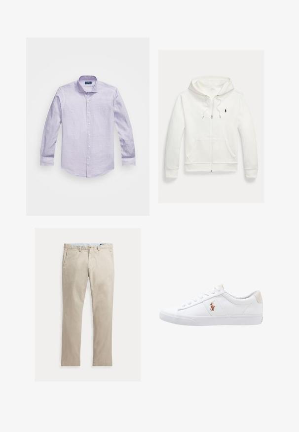 Hvid zip-up hættetrøje med forlommer og lille sort Polo Ralph Lauren logo på venstre bryst.; Lyse lilla langærmet skjorte med et diskret mønster, button-down krave og hvide knapper langs placket. Blød stofstruktur.; Beige bomuldsbukser med lige ben, forlommer, bæltestropper, knaplukning og lynlås, lagt fladt på en hvid baggrund.; Hvide kanvas sneakers med lågtop design, prydet med en beige hælkappe og et lille broderet logo på siden. Gummisål.