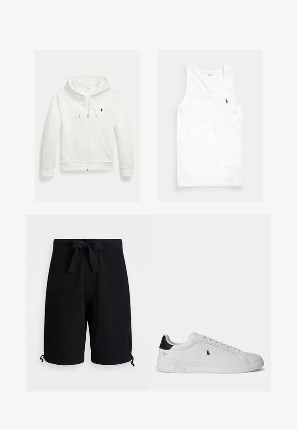 Weißes Kapuzen-Sweatshirt mit Reißverschluss, Fronttaschen und kleinem schwarzem Polo Ralph Lauren Logo auf der linken Brust.; Weißes ärmelloses Tanktop mit rundem Ausschnitt und kleinem dunkelblauem Polo Ralph Lauren Pferdelogo auf der linken Brust.; Schwarze Badehose aus leichtem Stoff, mit einem Kordelzug an der Taille und verstellbaren Toggle-Details an den Säumen.; Weißer Sneaker mit niedrigem Schaft, schwarzem Fersenlasche, Schnürsenkeln und Polo Ralph Lauren Logo an der Seite, mit geprägten Sohlen-Details.