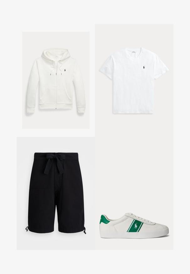 Hvid zip-up hættetrøje med forlommer og lille sort Polo Ralph Lauren logo på venstre bryst.; Hvid T-shirt med V-hals og korte ærmer med lille navyblåt Polo Ralph Lauren hestelogo på venstre bryst.; Sorte svøm shorts lavet af letvægtsstof, med snøre i taljen og justerbare toggledetaljer vedkanterne.; Hvid low-top sneaker med grøn stribe og Polo-logo på siden, grøn hæl-flik og hvide snørebånd, vist fra venstre side på ensfarvet baggrund.