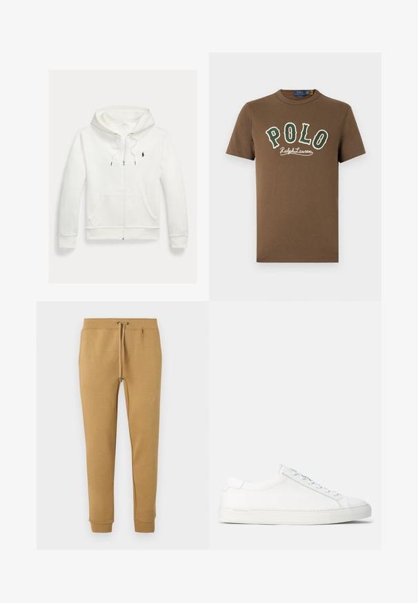 Biela mikina na zips s kapucňou, s prednými vreckami a malým čiernym logom Polo Ralph Lauren na ľavej strane hrudníka.; Hnedé tričko s krátkym rukávom so zeleným a bielym textom "POLO Ralph Lauren" na prednej strane a malým bielym logom hráča póla pri spodnom okraji.; Béžové zúžené teplákové nohavice s elastickým pásom a sťahovacou šnúrkou, s manžetami na členkoch, zobrazené na bielom pozadí.; Biele kožené tenisky s hladkým povrchom, zaobleným tvarom, plochou gumenou podrážkou a bielymi šnúrkami. Majú minimalistický dizajn a nenápadné branding.