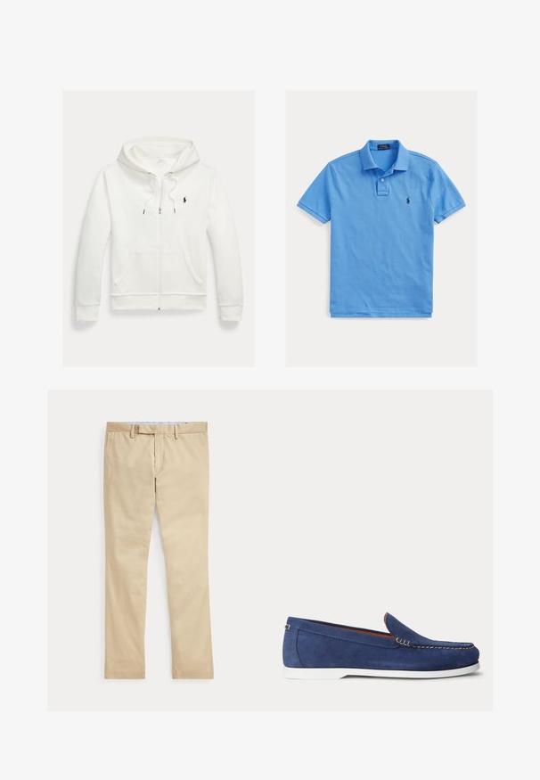 Weißes Kapuzen-Sweatshirt mit Reißverschluss, Fronttaschen und kleinem schwarzem Polo Ralph Lauren Logo auf der linken Brust.; Hellblaues Polohemd mit kurzen Ärmeln, Kragen, Zweiknopf-Leiste und dunkelblau besticktem Polo Ralph Lauren Logo auf der linken Brust.; Beige gerade Hose mit Gürtelschlaufen und einem vorderen Reißverschluss, flach auf weißem Hintergrund gelegt.; Blauer Wildleder-Slipper mit weißer Sohle und beiger Naht am oberen Rand, dargestellt vor einem schlichten weißen Hintergrund.