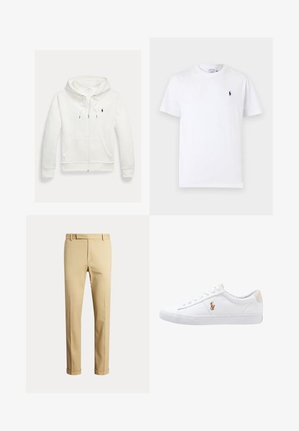 Biela mikina na zips s kapucňou, s prednými vreckami a malým čiernym logom Polo Ralph Lauren na ľavej strane hrudníka.; Biele tričko s krátkym rukávom a okrúhlym výstrihom, s malým tmavomodrým logom hráča póla na ľavej strane hrudníka.; Béžové nohavice s rovnými nohavicami, pútkami na opasok, predným zipsom a ohrnutými lemami, zobrazené na jednofarebnom svetlom pozadí.; Biele plátenné tenisky s nízkym strihom, ktoré majú béžový opasok na päte a malé vyšívané logo na boku. Gumová podrážka.