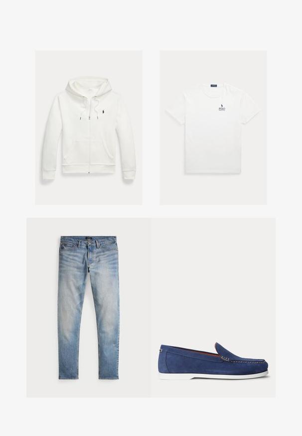 Biela mikina na zips s kapucňou, s prednými vreckami a malým čiernym logom Polo Ralph Lauren na ľavej strane hrudníka.; Biele tričko s krátkym rukávom a okrúhlym výstrihom s malým tmavomodrým logom Polo Ralph Lauren na ľavej strane hrudníka.; Svetlomodré denimové nohavice s bledým povrchom, dizajnom na päť vreciek a kontrastným prešívaním. Obsahujú zips a pútka na opasok. Rovný strih.; Modrý semišový mokasín s bielou podrážkou a béžovým prešitím pozdĺž horného okraja zobrazený na bielom pozadí.