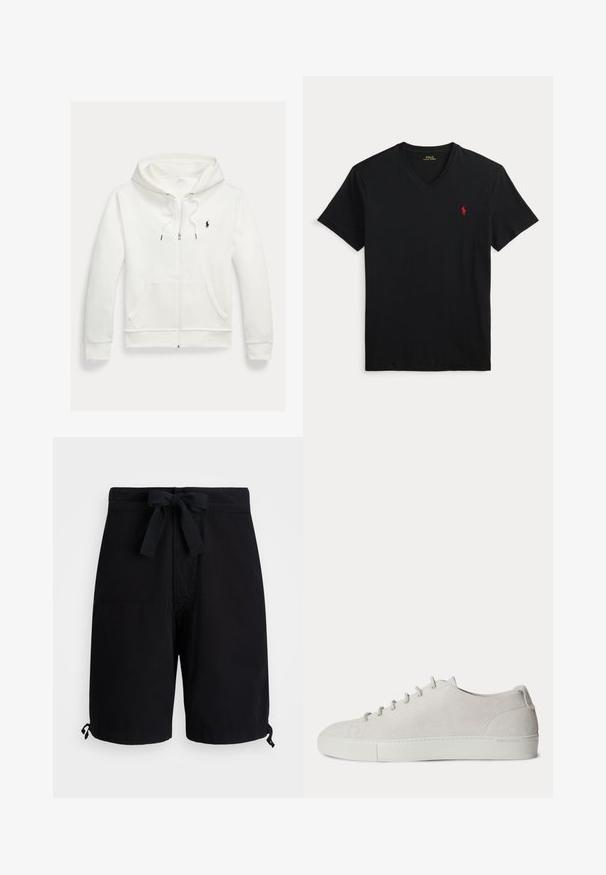 Weißes Kapuzen-Sweatshirt mit Reißverschluss, Fronttaschen und kleinem schwarzem Polo Ralph Lauren Logo auf der linken Brust.; Schwarzes T-Shirt mit V-Ausschnitt und kurzen Ärmeln sowie kleinem rotem Polo Ralph Lauren Logo auf der linken Brust.; Schwarze Badehose aus leichtem Stoff, mit einem Kordelzug an der Taille und verstellbaren Toggle-Details an den Säumen.; Weißer Low-Top Veloursleder-Sneaker mit Schnürung vorne und Gummisohle, minimalistisches Design.