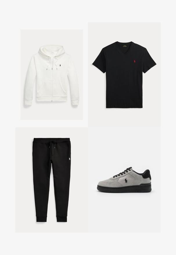 Weißes Kapuzen-Sweatshirt mit Reißverschluss, Fronttaschen und kleinem schwarzem Polo Ralph Lauren Logo auf der linken Brust.; Schwarzes T-Shirt mit V-Ausschnitt und kurzen Ärmeln sowie kleinem rotem Polo Ralph Lauren Logo auf der linken Brust.; Schwarze Jogginghose mit umgeschlagenen Bündchen, Tunnelzug in der Taille, Seitentaschen und kleinem weißen Polo-Spieler-Logo am rechten Oberschenkel.; Graue Wildleder-Sneaker mit schwarzen Akzenten, mit einem strukturierten Stoffseitenteil, runder Zehenpartie und schwarzer Gummisohle. Logo auf der Seite eingestickt.