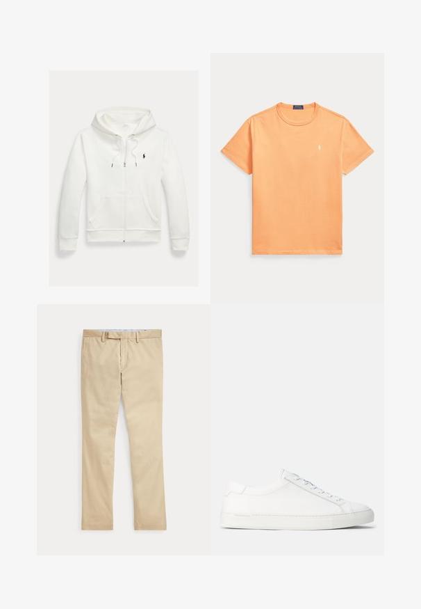 Biela mikina na zips s kapucňou, s prednými vreckami a malým čiernym logom Polo Ralph Lauren na ľavej strane hrudníka.; Jednofarebné oranžové tričko s krátkym rukávom a okrúhlym výstrihom, s malým bielym vyšívaným logom na ľavej strane hrudníka a modrou štítkovou nálepkou na vnútornej strane goliera.; Béžové nohavice s rovnými nohavicami, s pútkami na opasok a predným zipsom, položené na bielom pozadí.; Biele kožené tenisky s hladkým povrchom, zaobleným tvarom, plochou gumenou podrážkou a bielymi šnúrkami. Majú minimalistický dizajn a nenápadné branding.