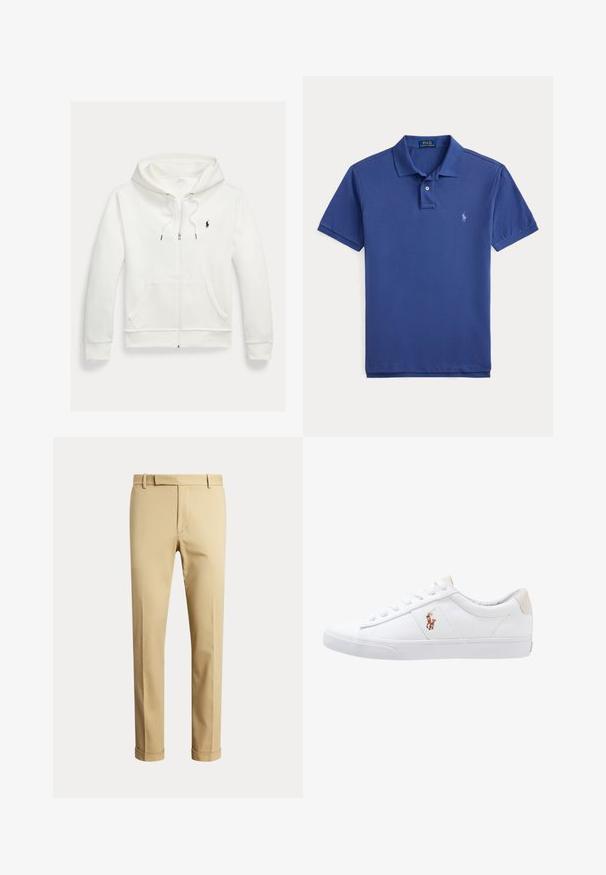 Witte capuchontrui met rits, frontzakken en een klein zwart Polo Ralph Lauren-logo op de linkerborst.; Blauwe polo-shirt met korte mouwen, een kraag, twee knopen en een klein geborduurd logo op de linkerkant van de borst.; Beige broek met rechte pijpen, riemlussen, een gulp aan de voorkant en omgeslagen zomen, afgebeeld tegen een effen lichte achtergrond.; Witte canvas sneakers met een laag ontwerp, featuring een beige hieltab en een klein geborduurd logo aan de zijkant. Rubber zool.