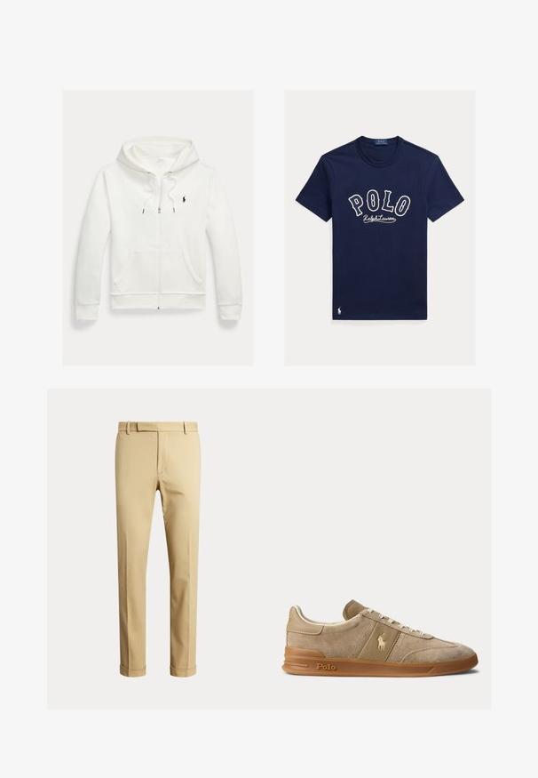 Witte capuchontrui met rits, frontzakken en een klein zwart Polo Ralph Lauren-logo op de linkerborst.; Donkerblauw katoenen T-shirt met ronde hals, met het woord "POLO" in wit en een klein geborduurd paardenlogo op de zoom.; Beige op maat gemaakte herenbroek met riemlussen en omgeslagen pijpen, getoond tegen een effen lichte achtergrond.; Beige suède en leren lage sneaker met gumzool, witte veters en Polo-logo op de zijkant en zool.