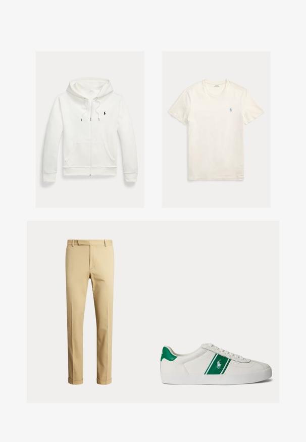 Biela mikina na zips s kapucňou, s prednými vreckami a malým čiernym logom Polo Ralph Lauren na ľavej strane hrudníka.; Biele bavlnené tričko s okrúhlym výstrihom a krátkymi rukávmi, s malým modrým vyšívaným logom na ľavej strane hrudníka. Hladká textúra, bežný strih.; Pánske béžové nohavice na mieru s pútkami na opasok a manžetami, zobrazené na jednoduchom svetlom pozadí.; Biele nízke tenisky s zeleným pruhom a logom Polo na boku, zelený jazyk na päte a biele šnúrky, zobrazené z ľavej strany na jednoduchom pozadí.