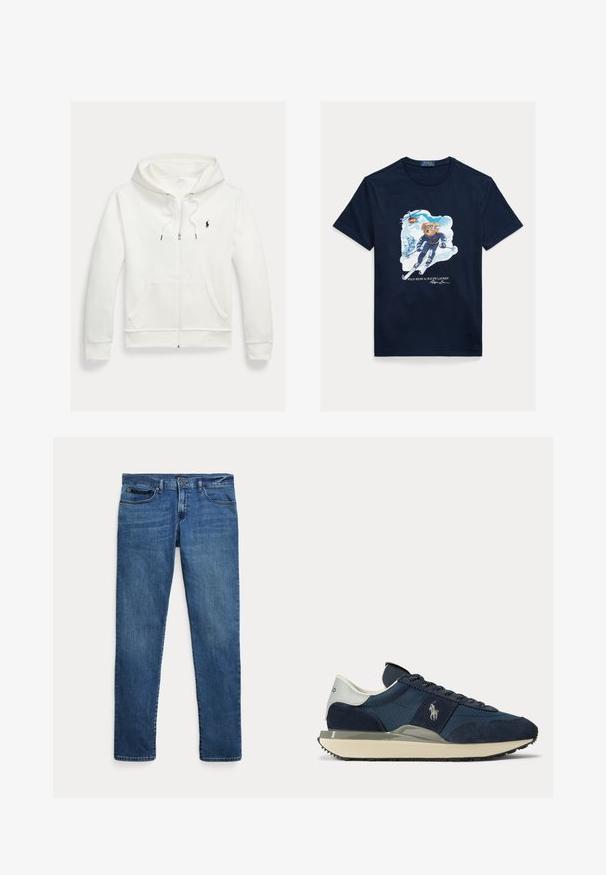 Valge lukuga kapuutsiga dressipluus esistaskute ja vasakul rinnal oleva väikese musta Polo Ralph Laureni logoga.; Tumesinine puuvillane t-särk, millel on kujutatud karu suusatamas, prillidega ja helikopteriga üleval ning lumiste mägede taustal.; Sinised teksapüksid kitsas lõikes, esitaskutega, vööaugudega ja nööpidega sulgemiseks, valgel taustal.; Tumesinine ja valge tennisking, millel on seemisnaha ja kangastega detailid, valge logo küljel, valge kandurib, ning beež tald musta tallaga.