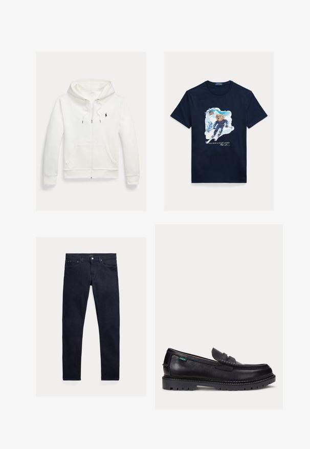 Biela mikina na zips s kapucňou, s prednými vreckami a malým čiernym logom Polo Ralph Lauren na ľavej strane hrudníka.; Tmavomodré bavlnené tričko s grafikou medveďa na lyžiach, ktorý má na očiach okuliare, s vrtuľníkom nad ním a zasneženými horami v pozadí.; Tmavomodré džínsy z denimu s úzkym strihom. Majú päť vreciek, zips a kovové zapínanie na gombík. Hladká textúra s minimálnym vyblednutím.; Čierny kožený mokasín s hrubou drsnou podrážkou a malou zelenou značkou "Polo" na vonkajšej strane pri päte.