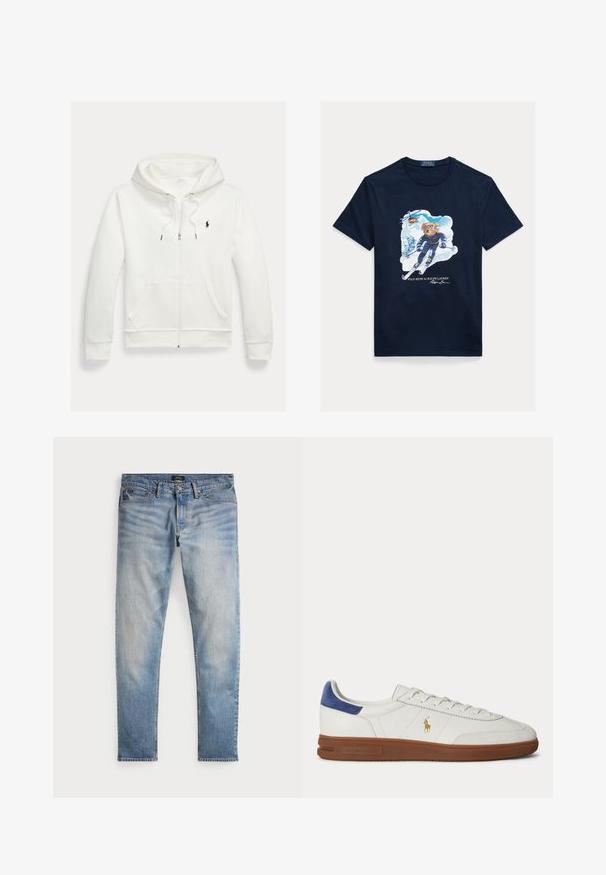 Biela mikina na zips s kapucňou, s prednými vreckami a malým čiernym logom Polo Ralph Lauren na ľavej strane hrudníka.; Tmavomodré bavlnené tričko s grafikou medveďa na lyžiach, ktorý má na očiach okuliare, s vrtuľníkom nad ním a zasneženými horami v pozadí.; Svetlomodré denimové nohavice s bledým povrchom, dizajnom na päť vreciek a kontrastným prešívaním. Obsahujú zips a pútka na opasok. Rovný strih.; Biele nízke tenisky s hnedou podrážkou, modrým pätovým pásikom, šnúrkami a zlatým logom Polo Ralph Lauren na boku.