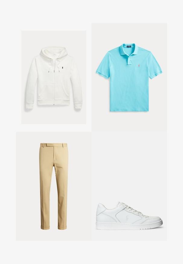 Weißes Kapuzen-Sweatshirt mit Reißverschluss, Fronttaschen und kleinem schwarzem Polo Ralph Lauren Logo auf der linken Brust.; Hellblaues kurzärmeliges Poloshirt mit zwei Knöpfen und kleinem pinkfarbenem, gesticktem Logo auf der Brust, flach auf einem weißen Hintergrund ausgelegt.; Beige Herren-Anzughose mit Gürtelschlaufen und gekrempelten Säumen, vor einem schlichten hellen Hintergrund präsentiert.; Weißer Ledersneaker mit glatter Textur, ausgestattet mit einer perforierten Zehenpartie, Schnürverschluss und gesticktem Logo an der Seite. Weiße Gummisohle.