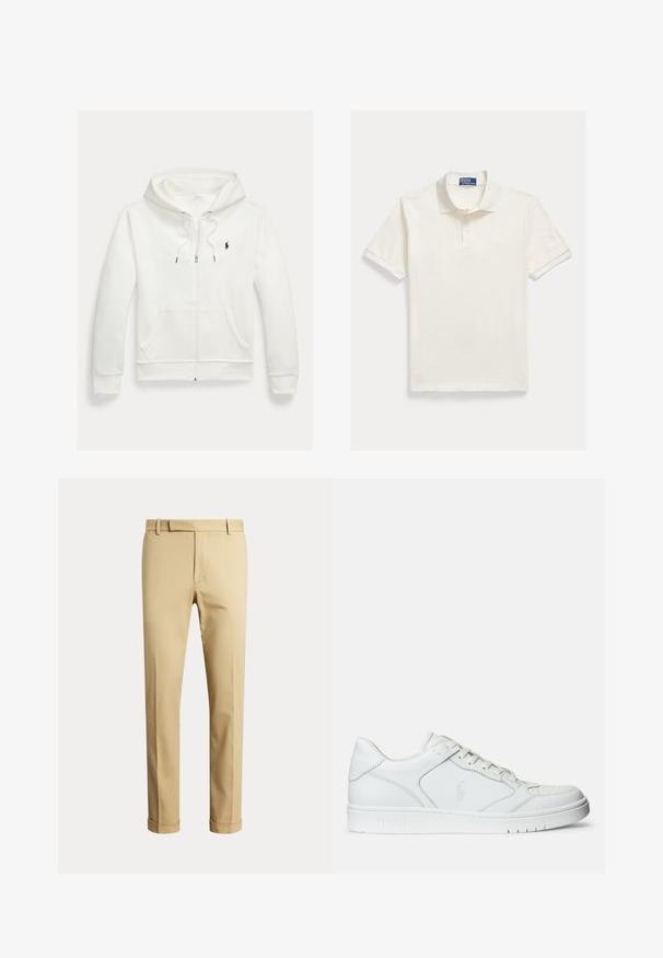Valge lukuga kapuutsiga dressipluus esistaskute ja vasakul rinnal oleva väikese musta Polo Ralph Laureni logoga.; Lühikeste varrukatega polo-särk kreemjas toonis, valmistatud tekstuurse puuvillaga, millel on soonikkoes krae, kolme nupuga klapp ja väike logo äärel.; Beežid sirge säärega püksid koos vöölõhede, esisuletise ja ülespööratud säärega, näidatud ühtlasel heledal taustal.; Valged nahast spordijalatsid siledast materjalist, millel on ventilatsiooniga varvas, paelad ja kõrvale brodeeritud logo. Valge kummitald.