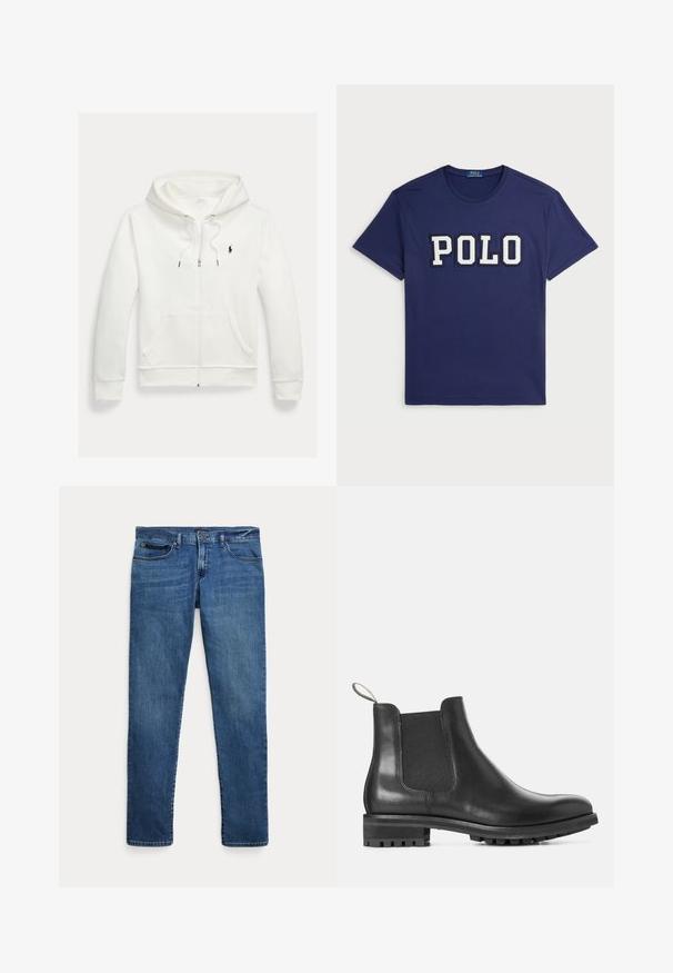 Valge lukuga kapuutsiga dressipluus esistaskute ja vasakul rinnal oleva väikese musta Polo Ralph Laureni logoga.; Tumedat-sinine t-särk, mis on valmistatud puuvillast, millel on suur valge "POLO" graafika, ümara kaeluse ja lühikeste varrukatega.; Sinised teksapüksid kitsas lõikes, esitaskutega, vööaugudega ja nööpidega sulgemiseks, valgel taustal.; Must musta Chelsea saab, millel on elastne külg, ümar nina ja kummist talla, millel on tekstuurne muster haardumise tagamiseks.
