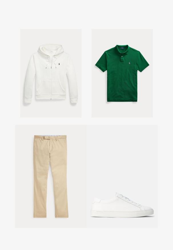 Biela mikina na zips s kapucňou, s prednými vreckami a malým čiernym logom Polo Ralph Lauren na ľavej strane hrudníka.; Zelené polo tričko s krátkym rukávom, s dvoma gombíkmi a malým fialovým vyšívaným logom na ľavej strane hrudníka.; Béžové nohavice s rovnými nohavicami, s pútkami na opasok a predným zipsom, položené na bielom pozadí.; Biele kožené tenisky s hladkým povrchom, zaobleným tvarom, plochou gumenou podrážkou a bielymi šnúrkami. Majú minimalistický dizajn a nenápadné branding.